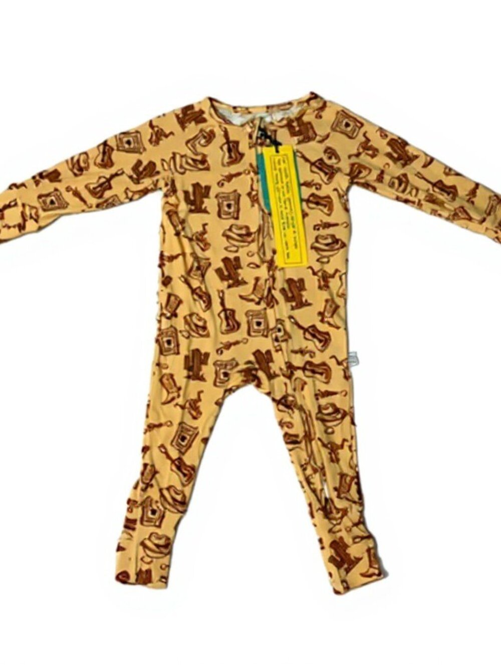 Minikin Mischief Baby Western Bamboo Romper Tan Cowboy Print Zippy 9-12M NEW